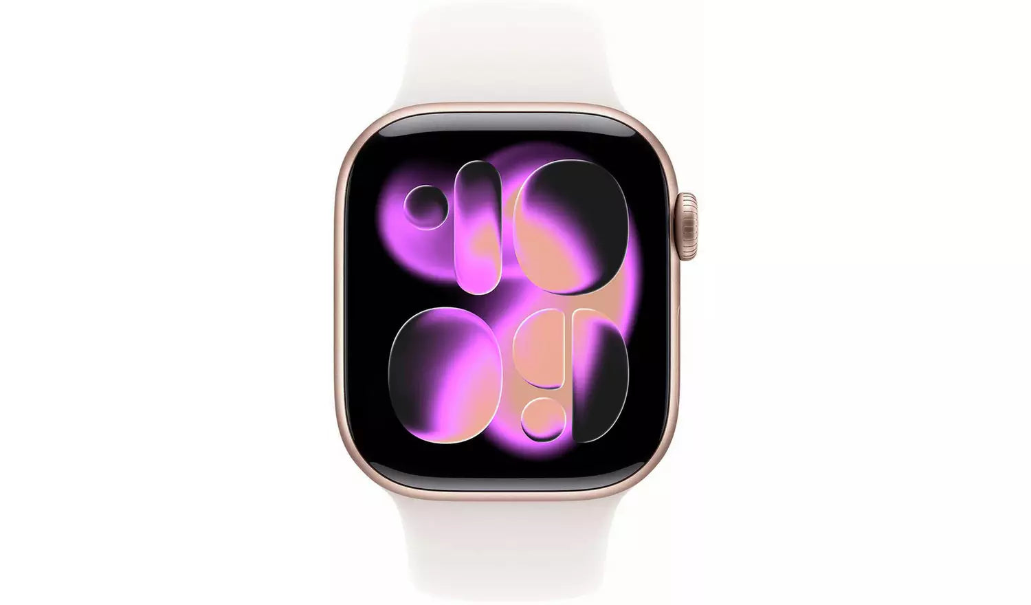 Smartwatch front view with dark screen and sport band; side crown visible