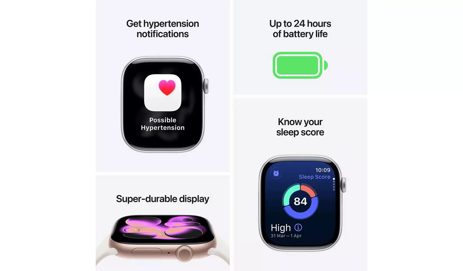 Smartwatch with dark health screen showing a heart icon; sport band
