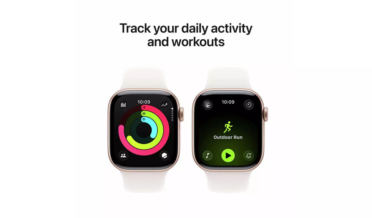 Two smartwatches with sport bands; one shows an activity ring, one outdoor run