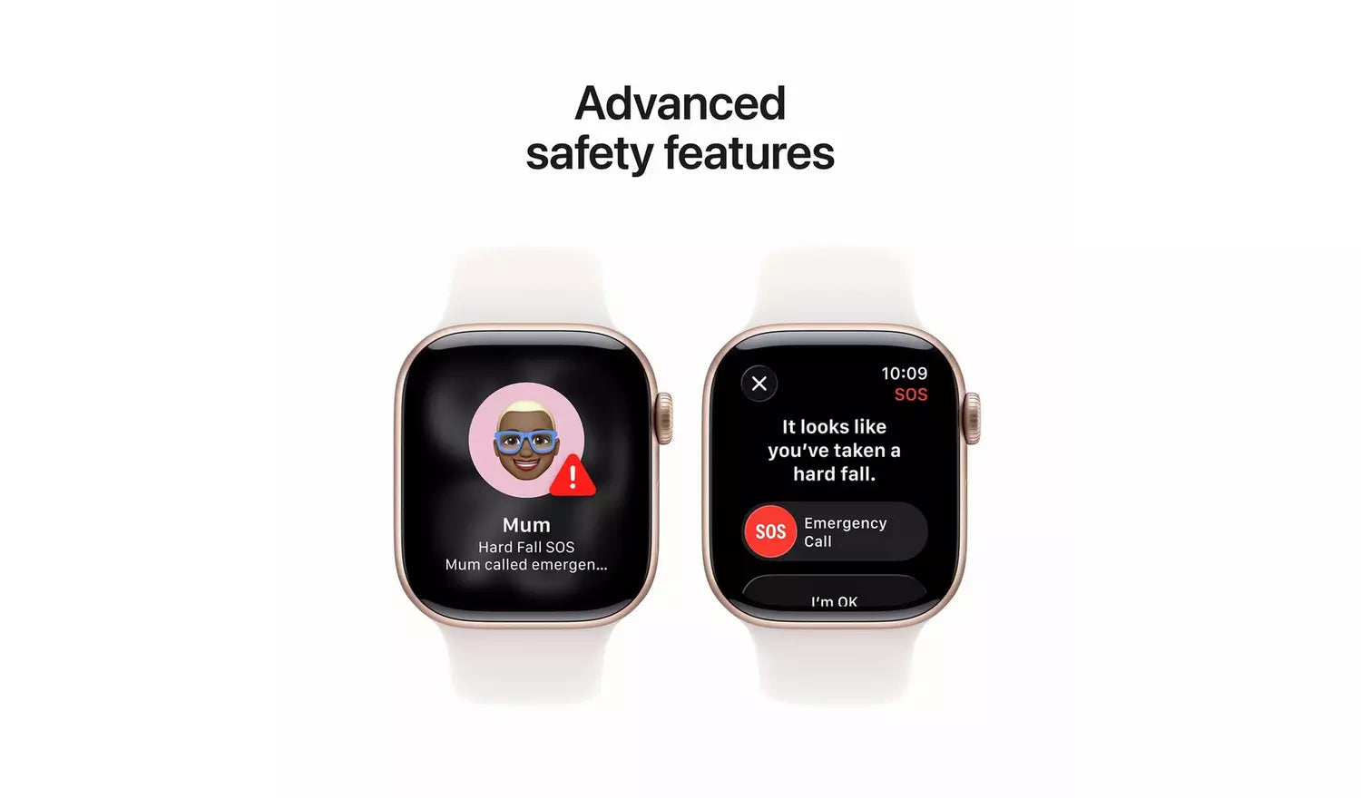 Two smartwatches with sport bands; health alert and SOS emergency screen
