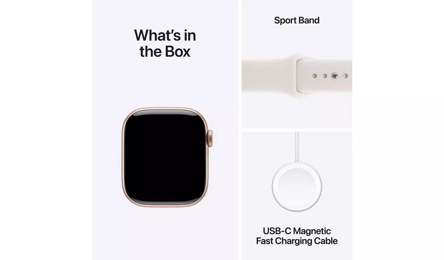 Watch and sport band in box; USB-C magnetic fast charging cable shown