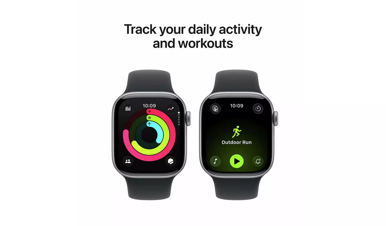 Jet black smartwatch with black Sport Band, workout activity screen with play icon