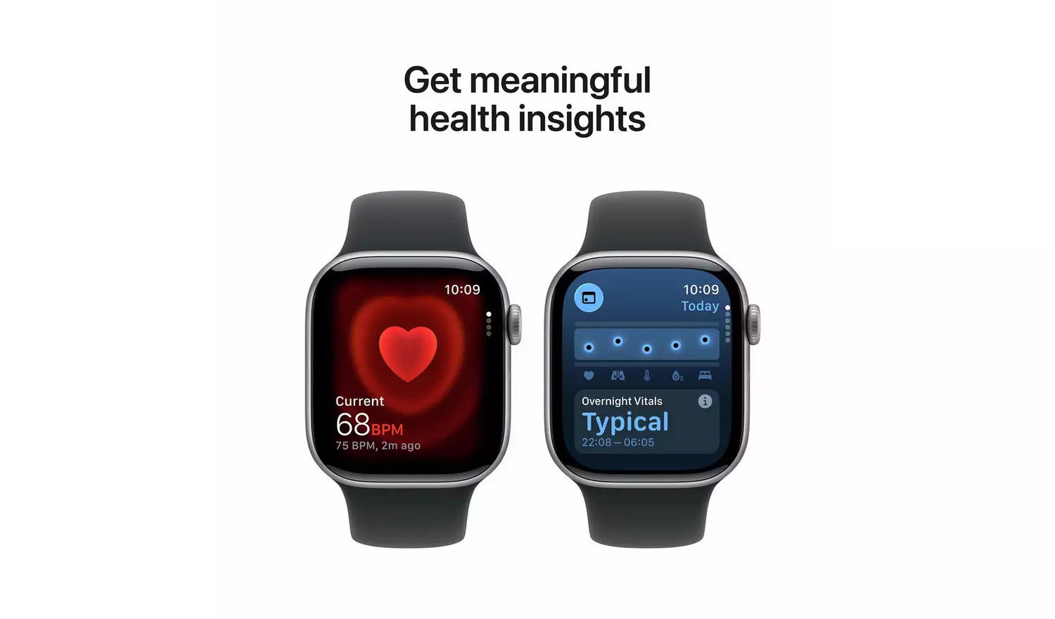 Jet black smartwatch with black Sport Band, health display with heart-rate icon