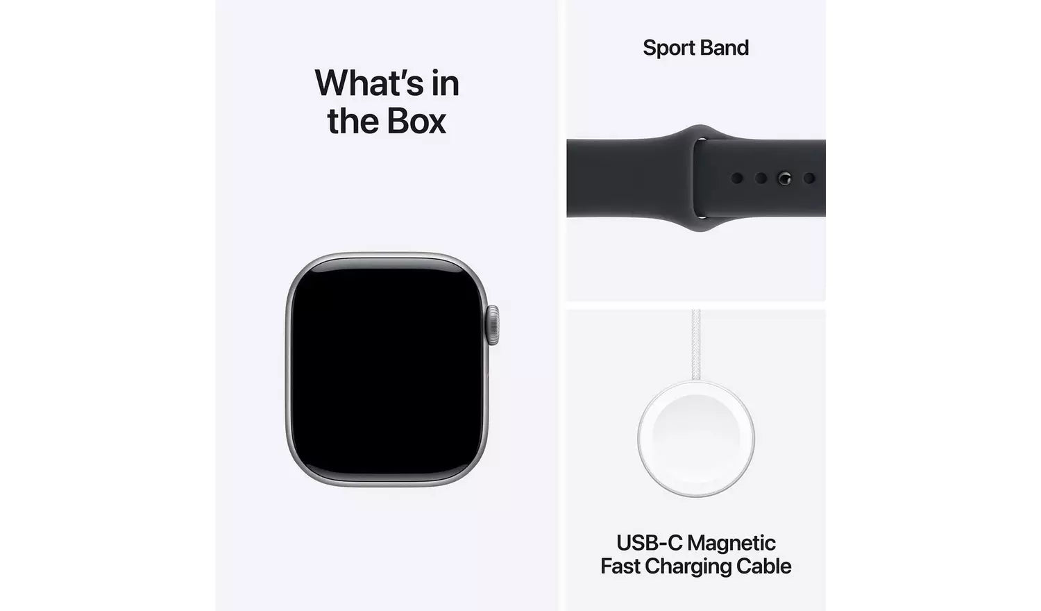 Apple Watch box: Jet black watch with Sport Band and USB-C fast charging cable