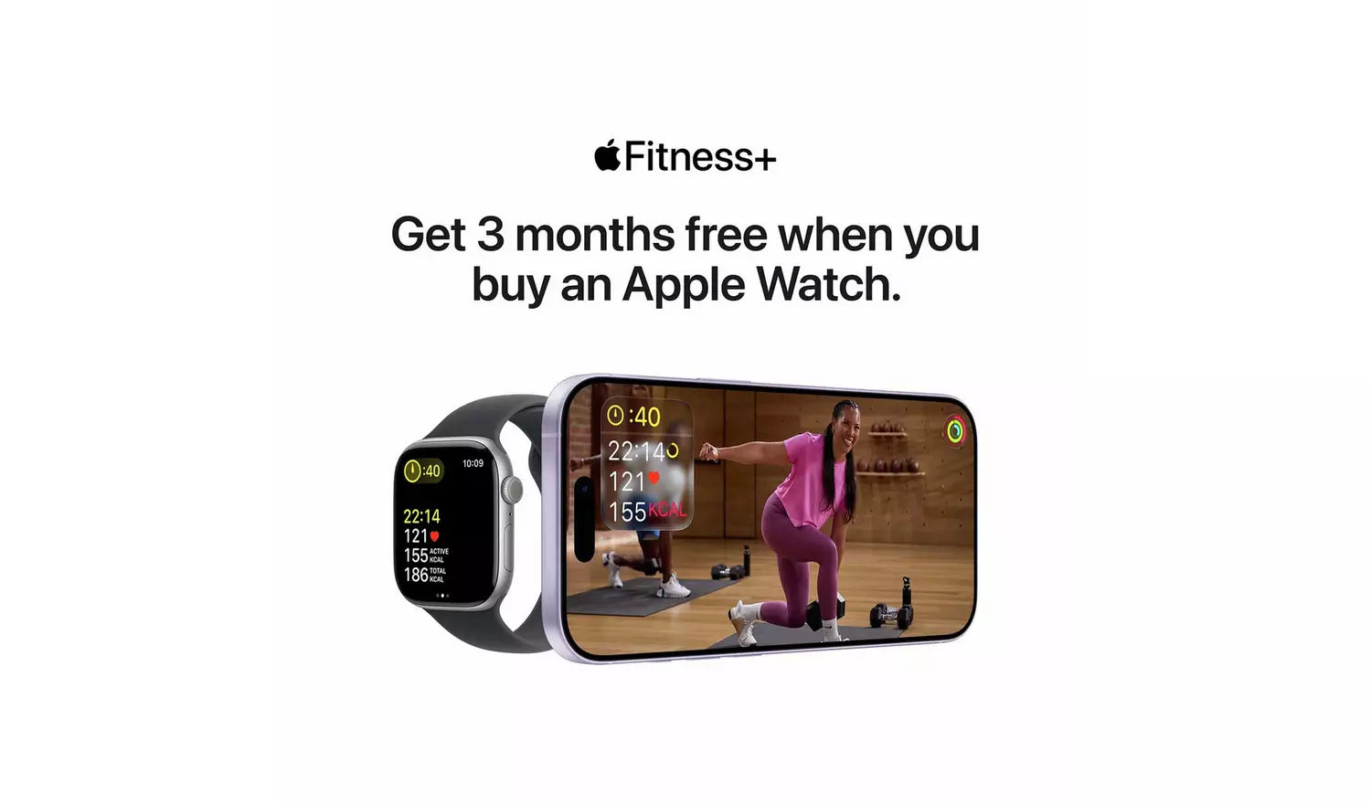 Jet black Apple Watch with black Sport Band, fitness video screen shown on watch