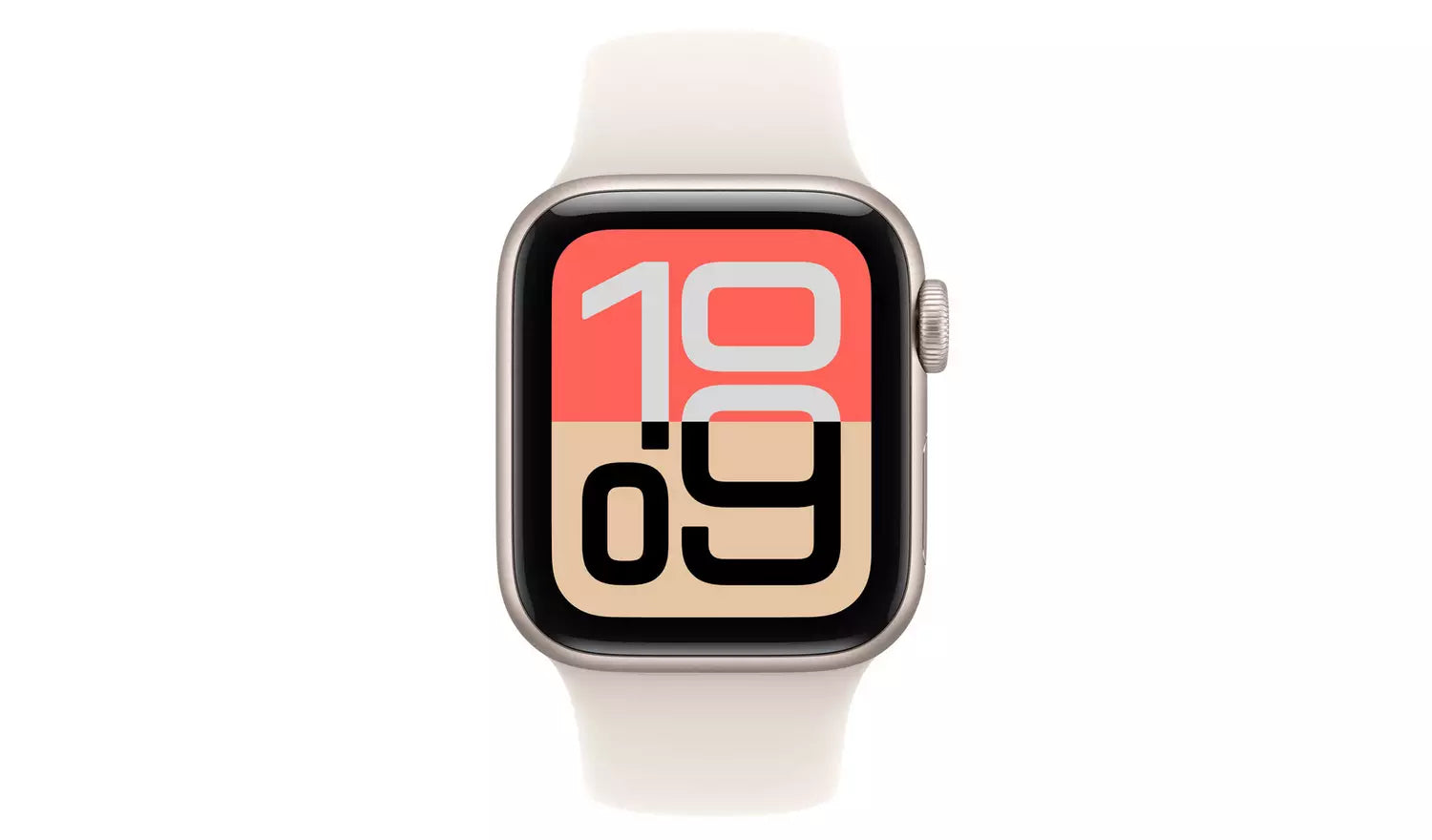 Apple Watch 40mm mit hellem Sportarmband, großes Ziffernblatt am Uhrengehäuse