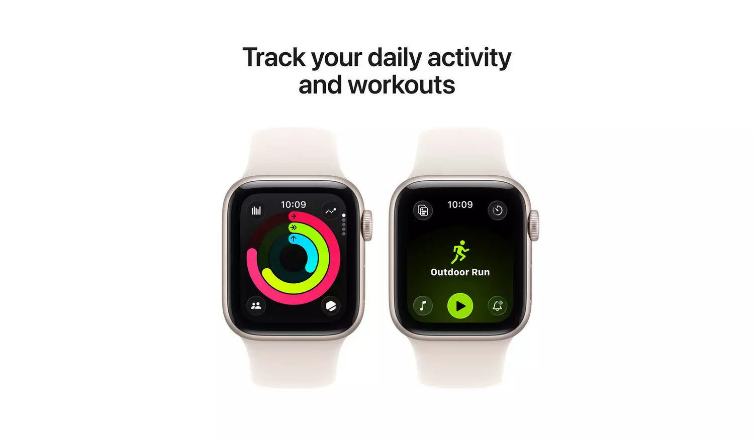 Zwei Smartwatches mit hellem Sportarmband, eine mit Aktivitätsring und eine mit Outdoor-Run