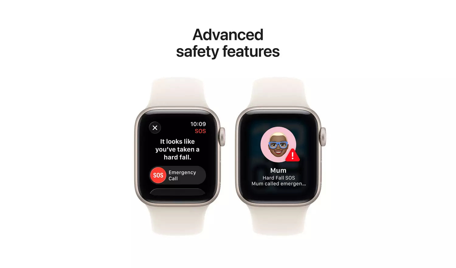 Zwei Smartwatches mit hellem Sportarmband, SOS- und Emergency-Ansicht auf dem Display