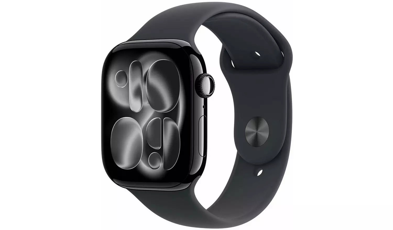 Jet black Apple Watch with black Sport Band, 42mm case, front view