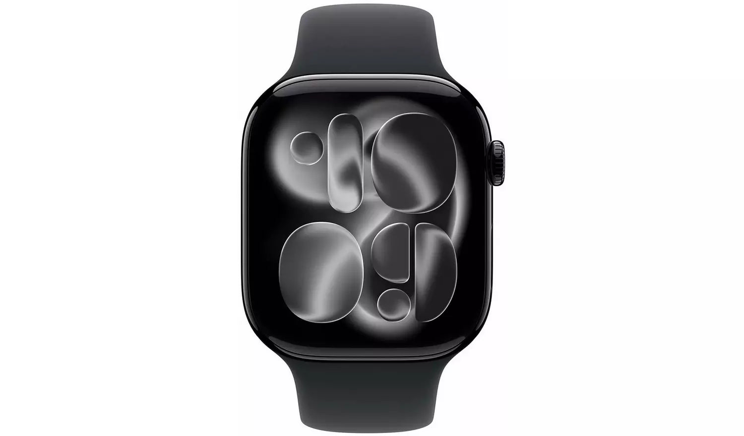 Jet black Apple Watch with black Sport Band, 42mm case, side profile