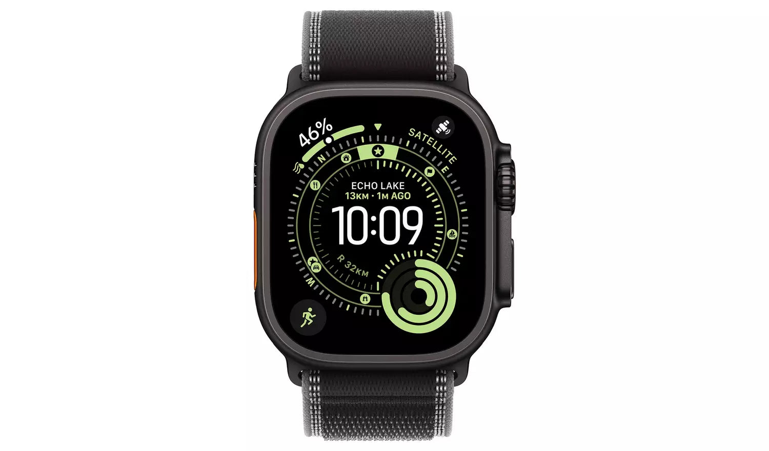 Apple Watch Ultra 3 49mm front view with charcoal Trail Loop strap and dark dial