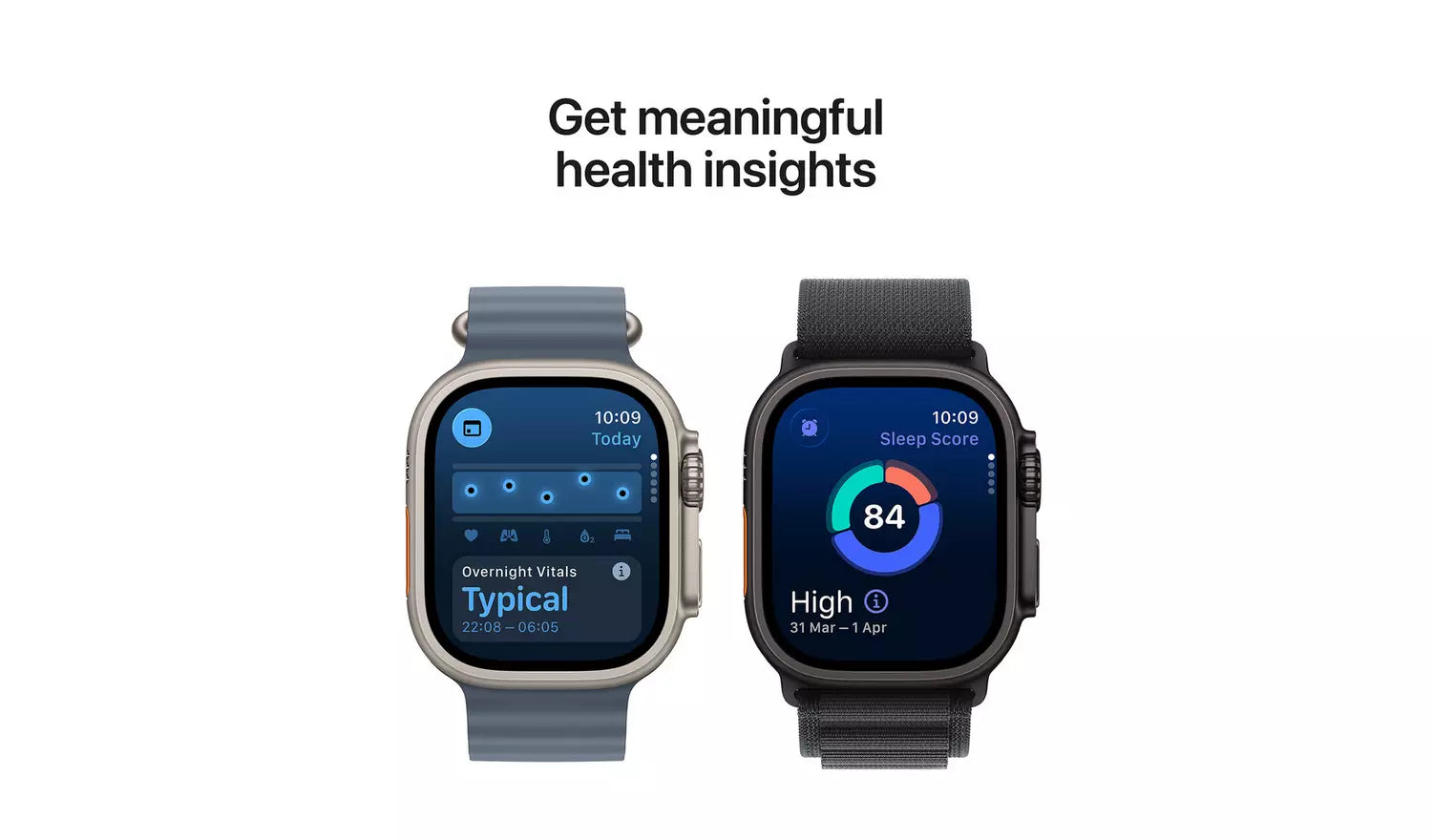 Apple Watch Ultra 3 49mm with blue and charcoal Trail Loop straps, health highlight screens