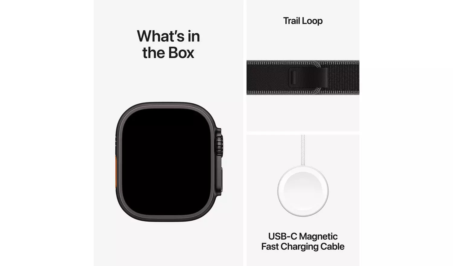 Apple Watch Ultra 3 Trail Loop in box with USB‑C fast charging cable and strap piece