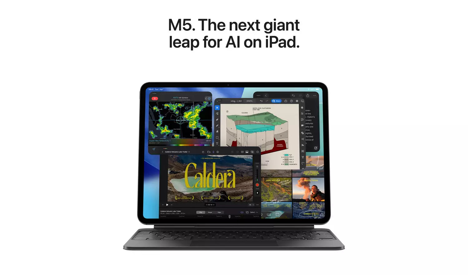 iPad Pro 11-Zoll auf Tastaturdock mit Trackpad, Bildschirm zeigt mehrere Apps