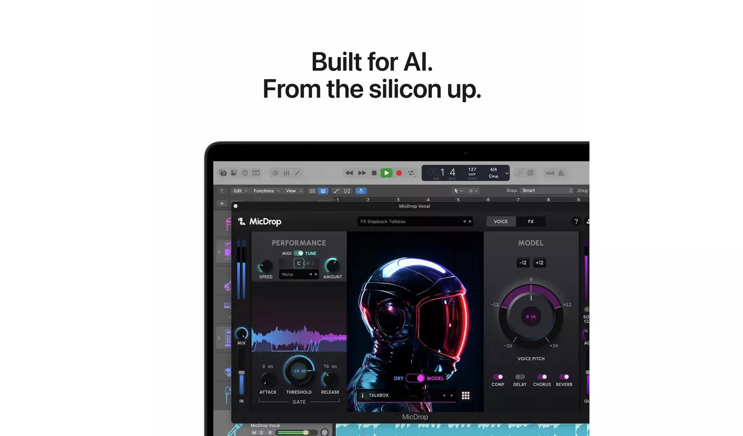 MacBook Pro screen with MicDrop-style audio controls and app interface