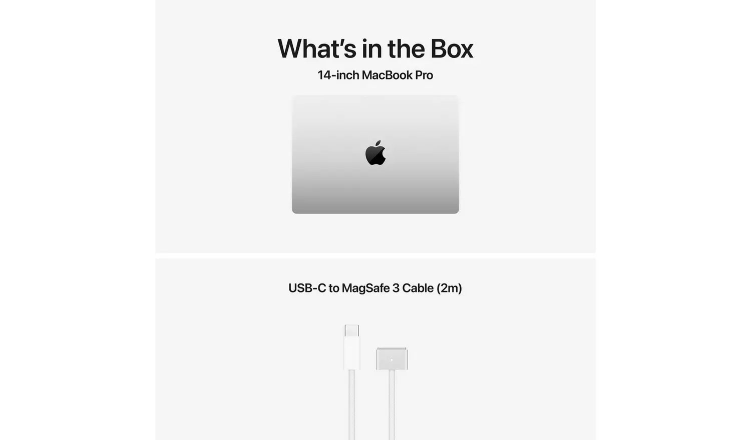 Box contents: 14-inch MacBook Pro and USB-C to MagSafe 3 cable (2m)