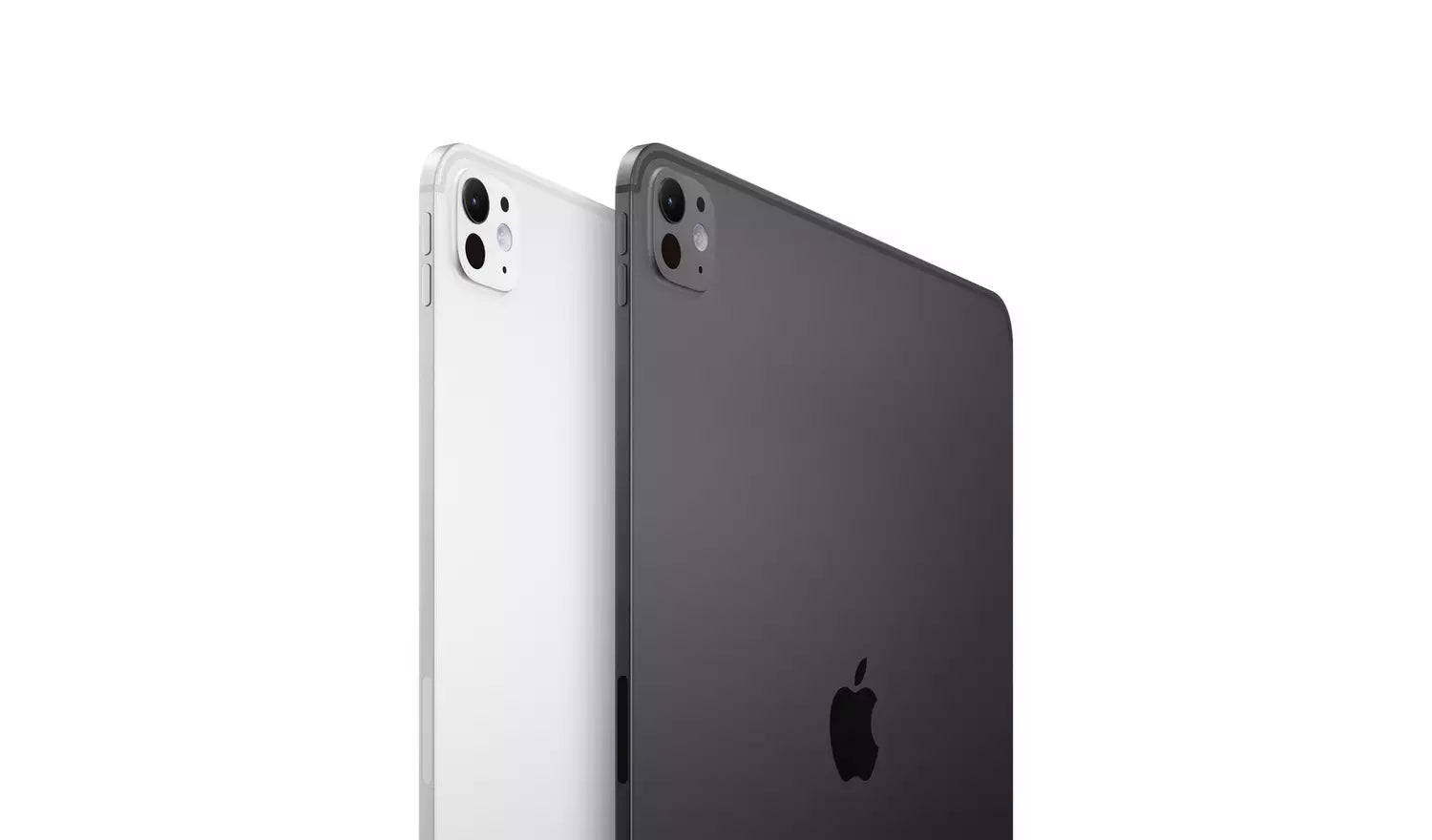 iPad Pro Rückseite in Silber mit Kamera-Modul; daneben dunkle Rückseite