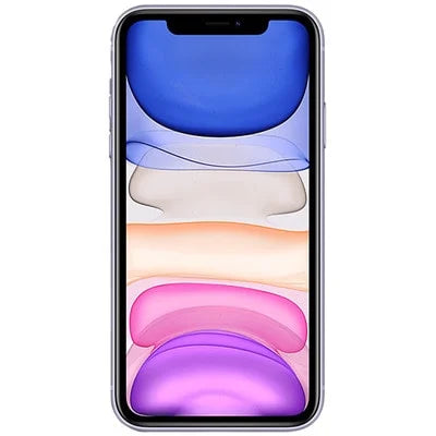 Unlocked iPhone 11 smartphone in purple, front view with colorful display