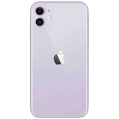 Unlocked iPhone 11 smartphone in purple, back view with Apple logo and dual cameras