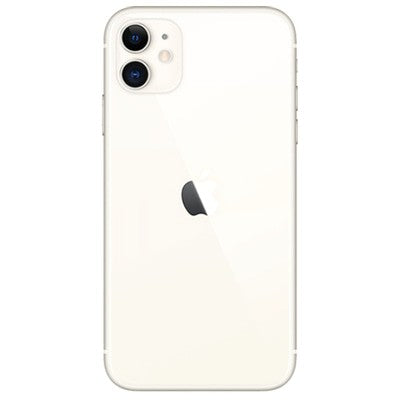 Unlocked iPhone 11 smartphone in white, back view with Apple logo and dual cameras