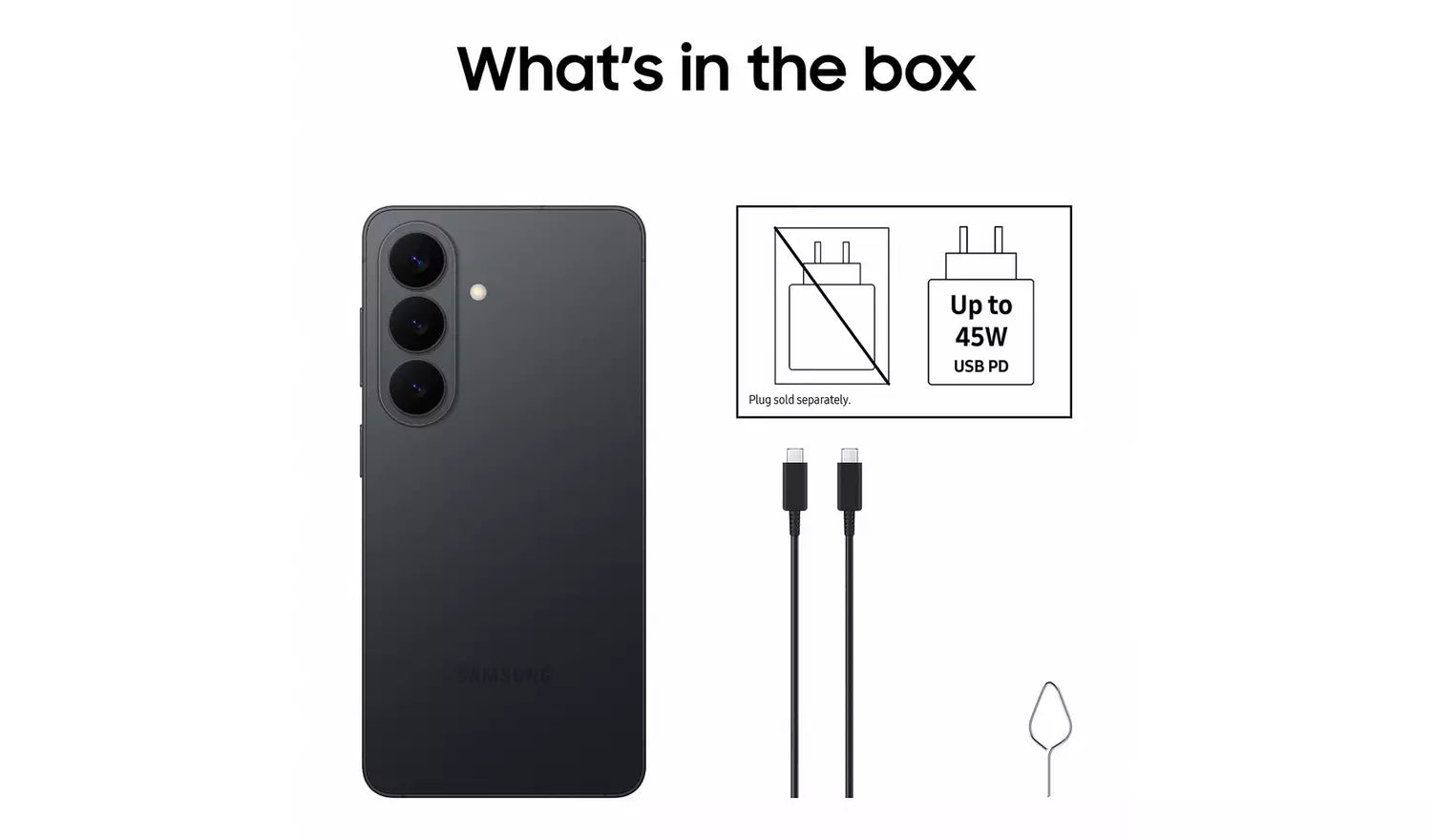 Phone box contents: black phone back plus USB charging cable shown
