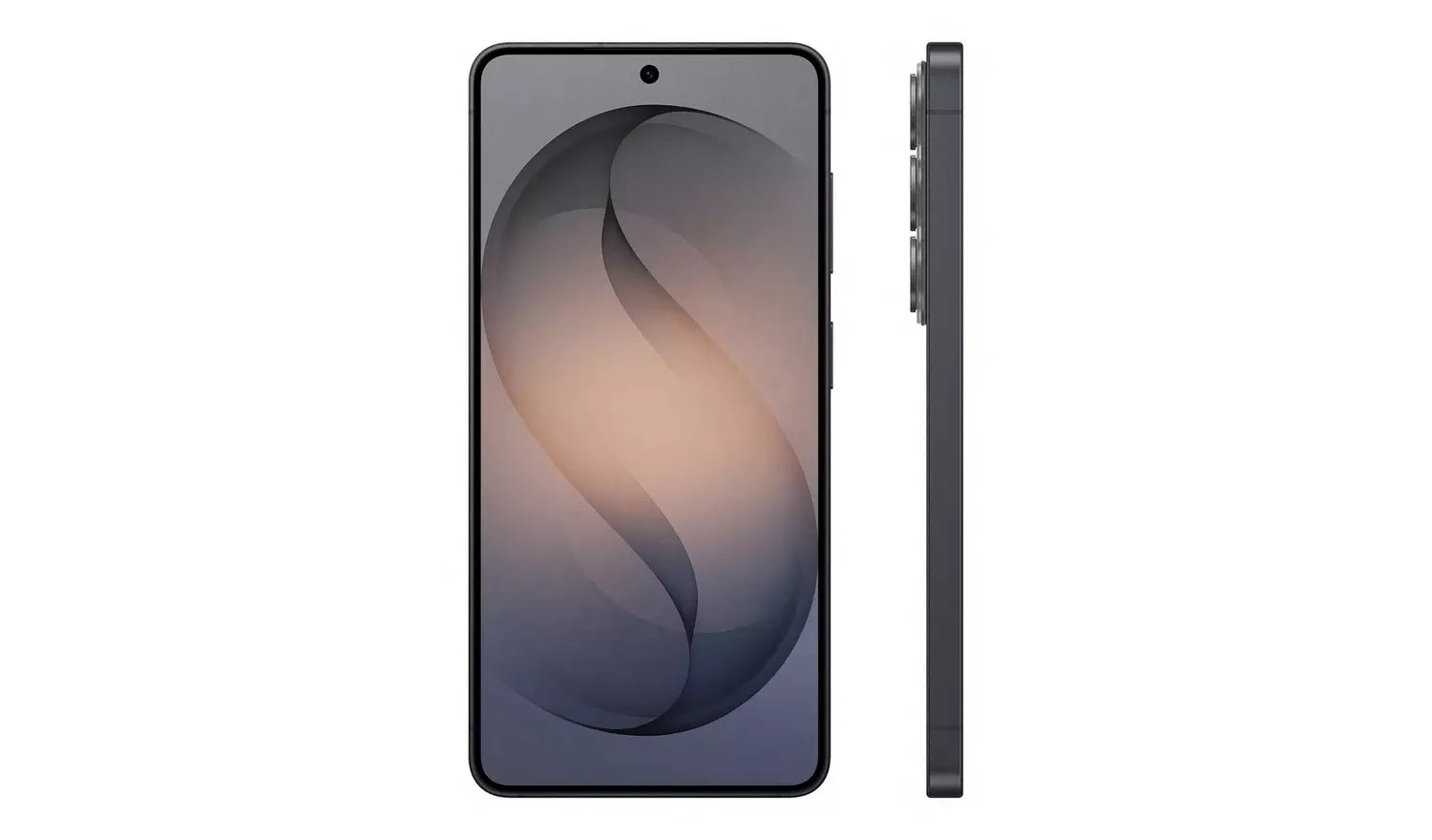 Black Galaxy S26 5G phone from front and side profile, flat edge buttons visible