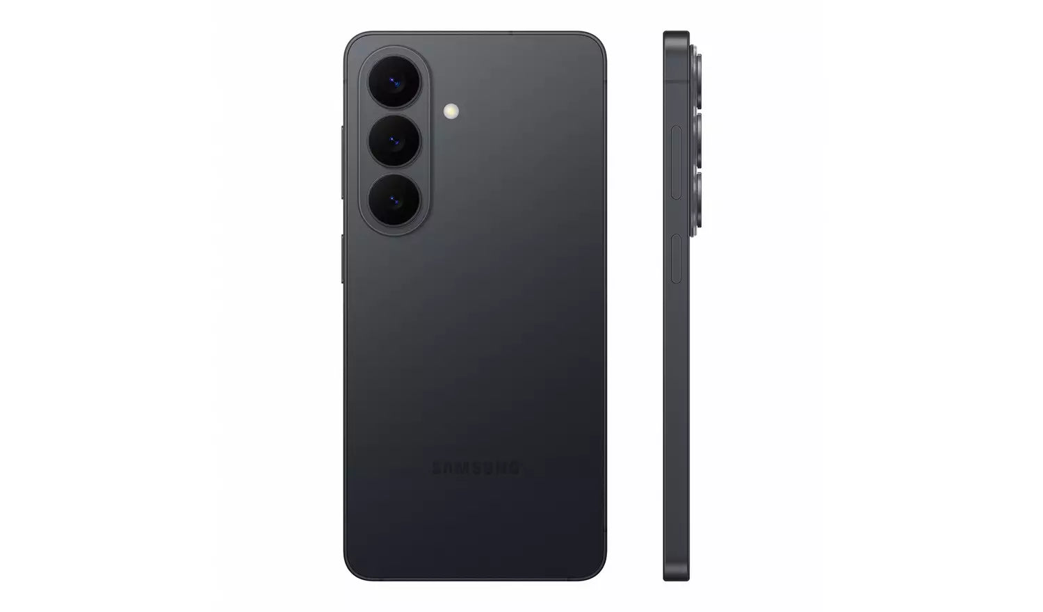Black Galaxy S26 5G phone rear view with triple camera and side thickness