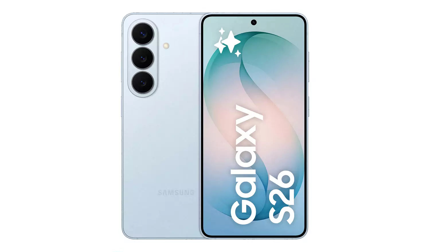 Light-colored Galaxy S26 5G smartphone front and back, “Galaxy S26” display visible