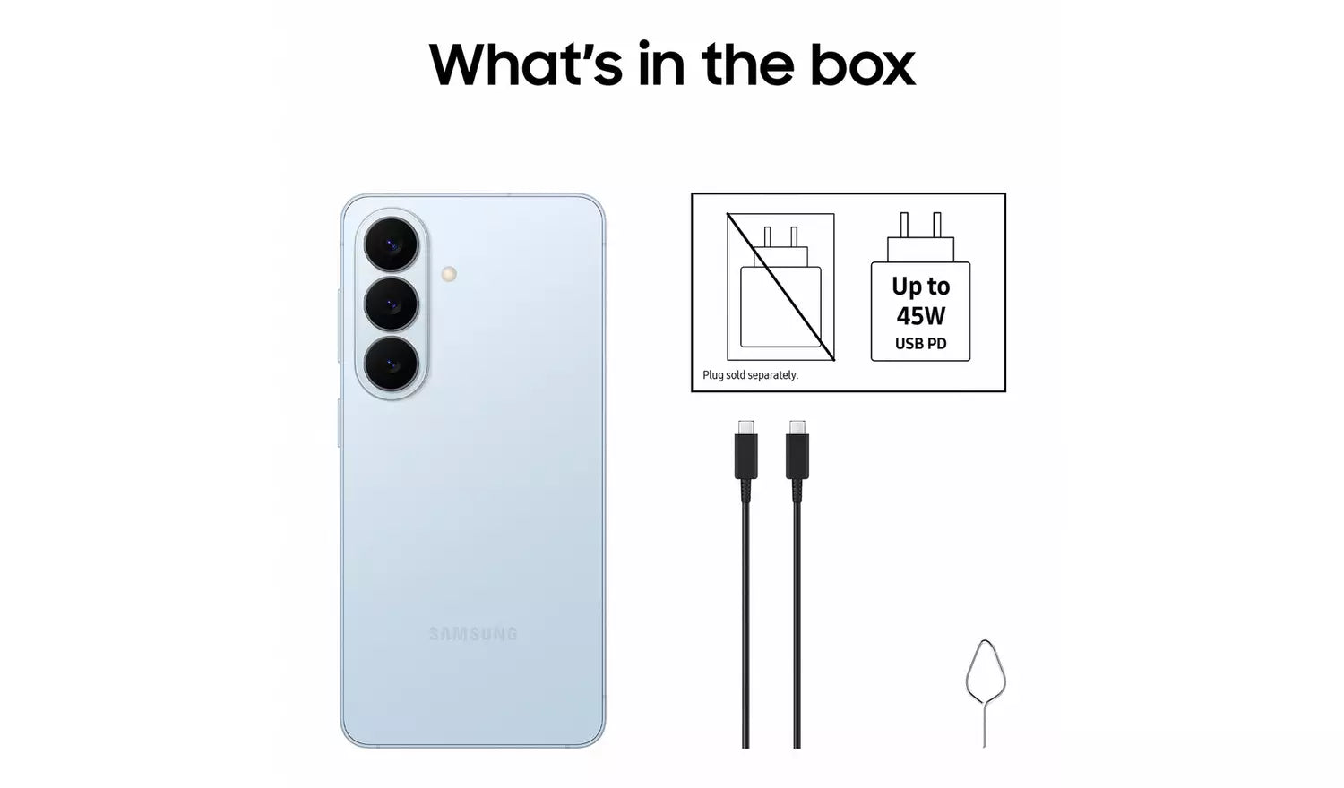 Galaxy S26 256GB phone back with USB-C charging cable and plug set
