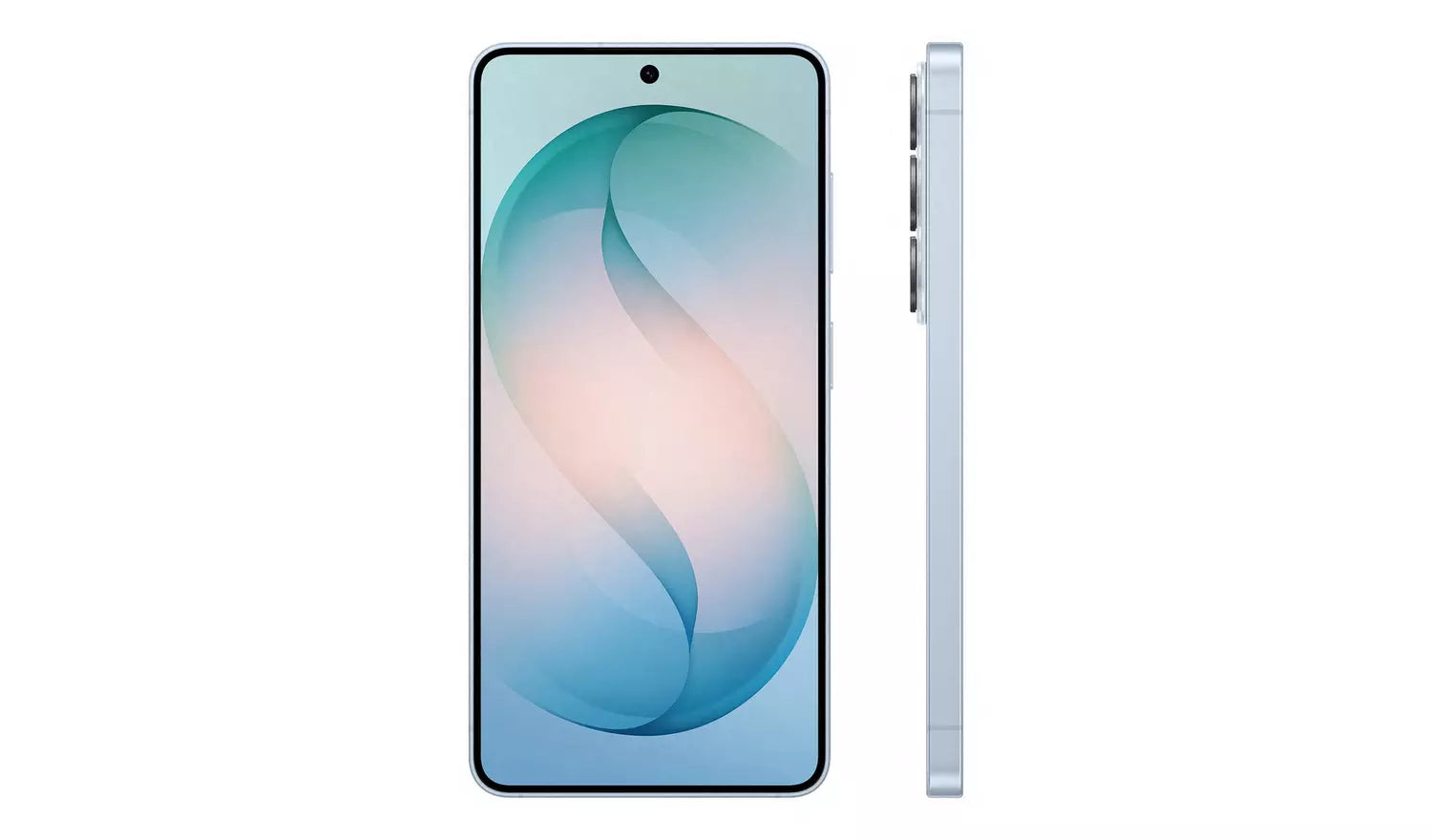 Light-colored Galaxy S26 5G phone front with side profile, buttons and edge visible
