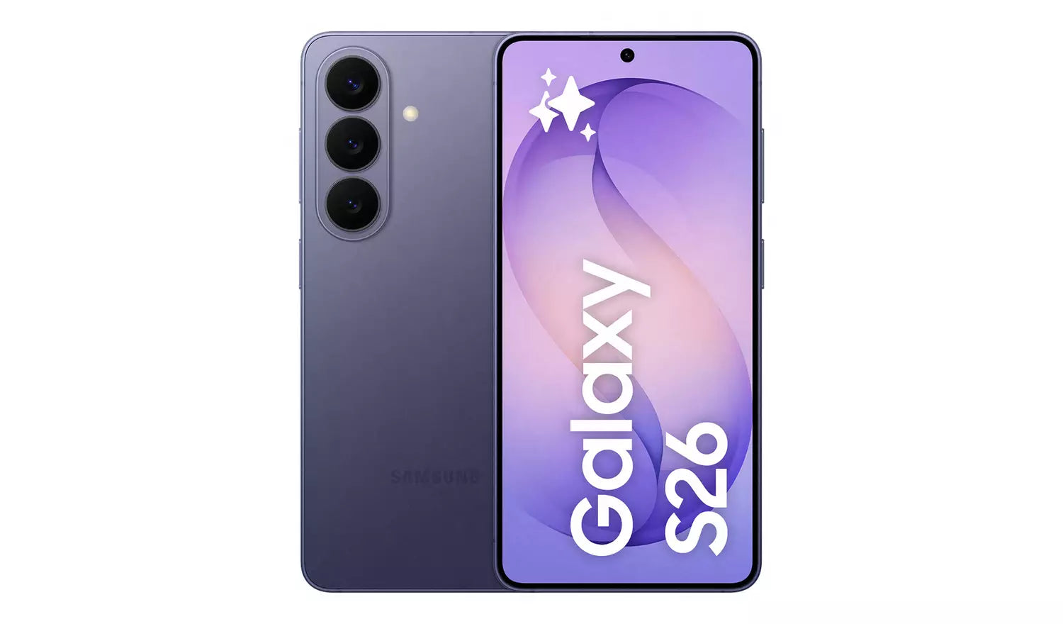 Galaxy S26 256GB front and back, violet phone with purple screen and 5G 256 text