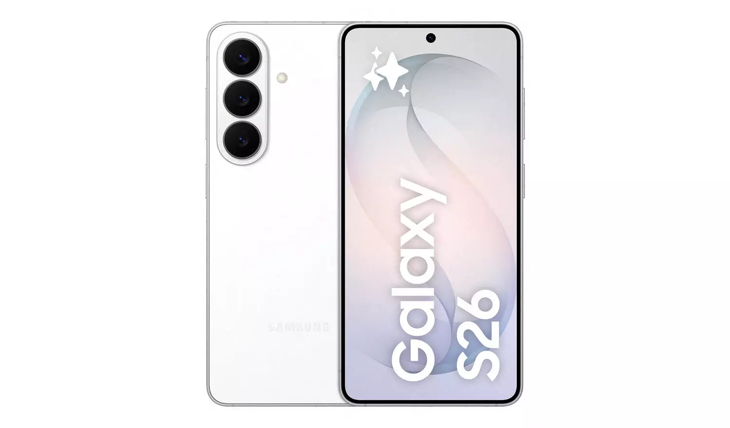 Galaxy S26 5G smartphone, white back and front with “Galaxy S26 5G” display