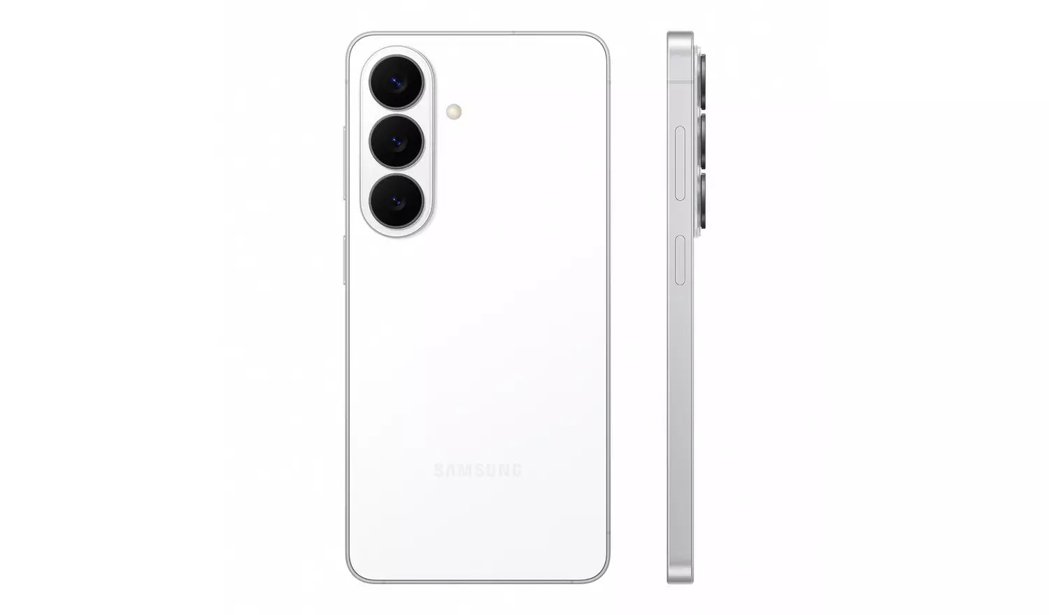 Galaxy S26 5G smartphone side view with white back and triple rear cameras