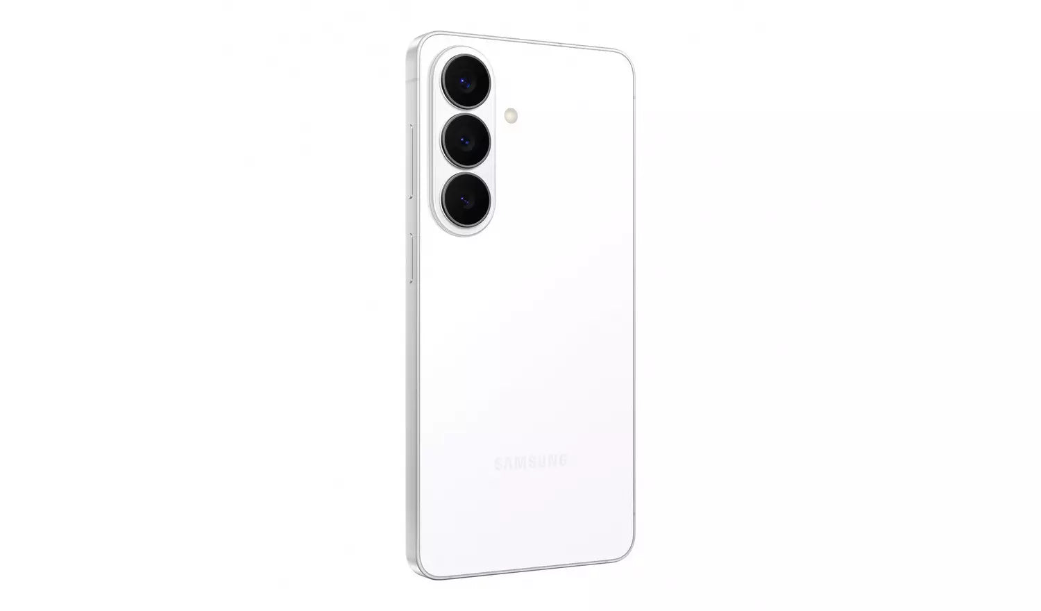 Galaxy S26 5G smartphone back, white finish with triple camera module