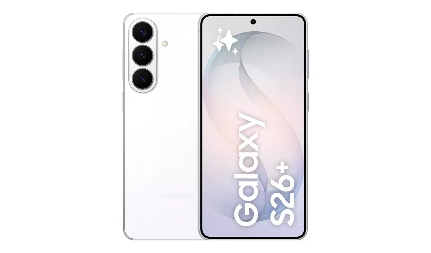 White Galaxy S26+ 5G, 256GB, edge-to-edge front display with triple-lens back