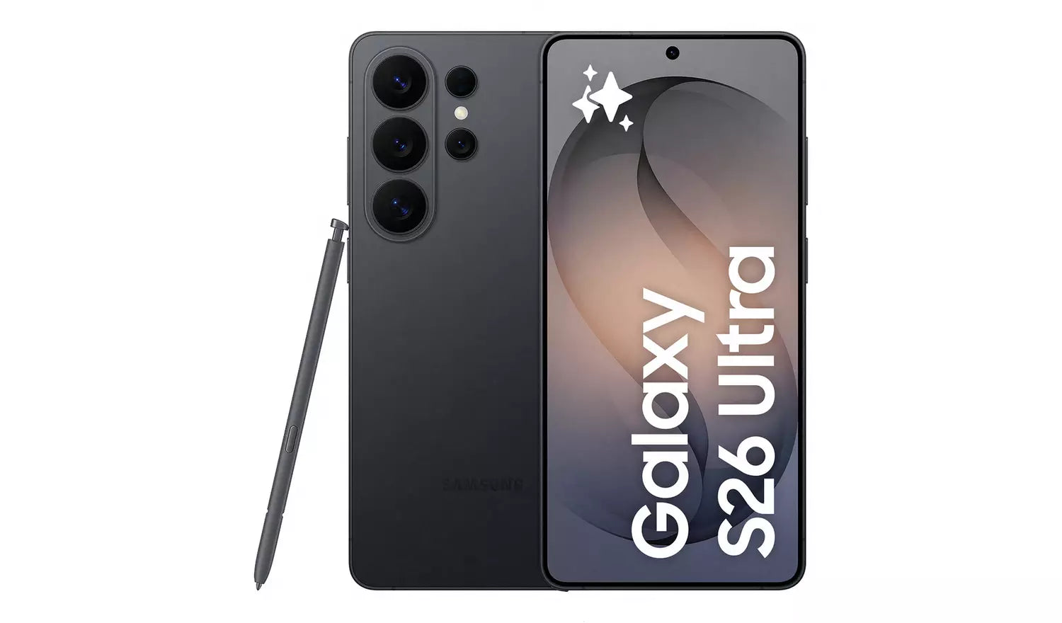 Black Samsung Galaxy S26 Ultra 5G smartphone, front and rear camera views