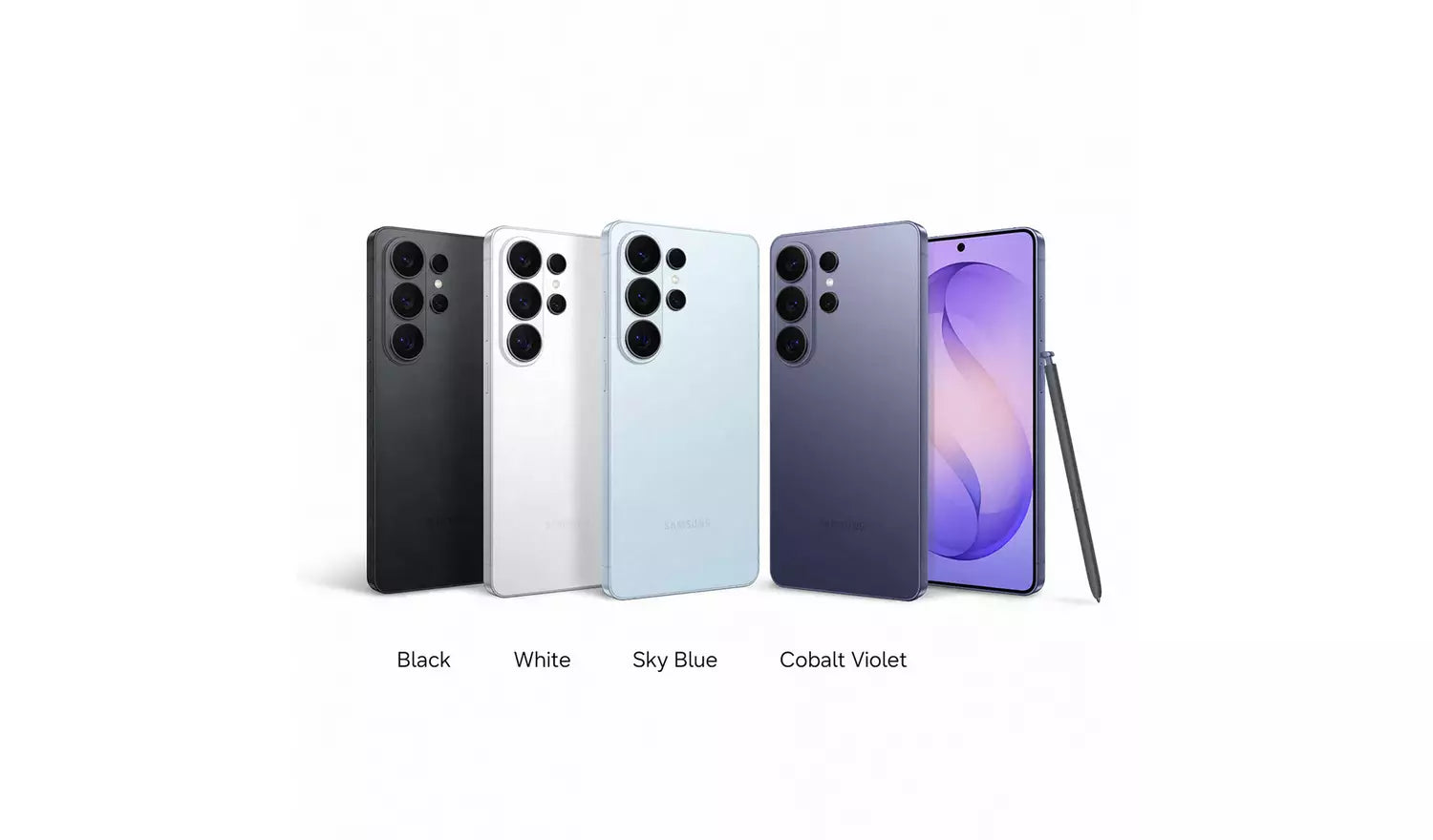 Galaxy S26 Ultra phones in Black, White, Sky Blue, and Cobalt Violet with stylus