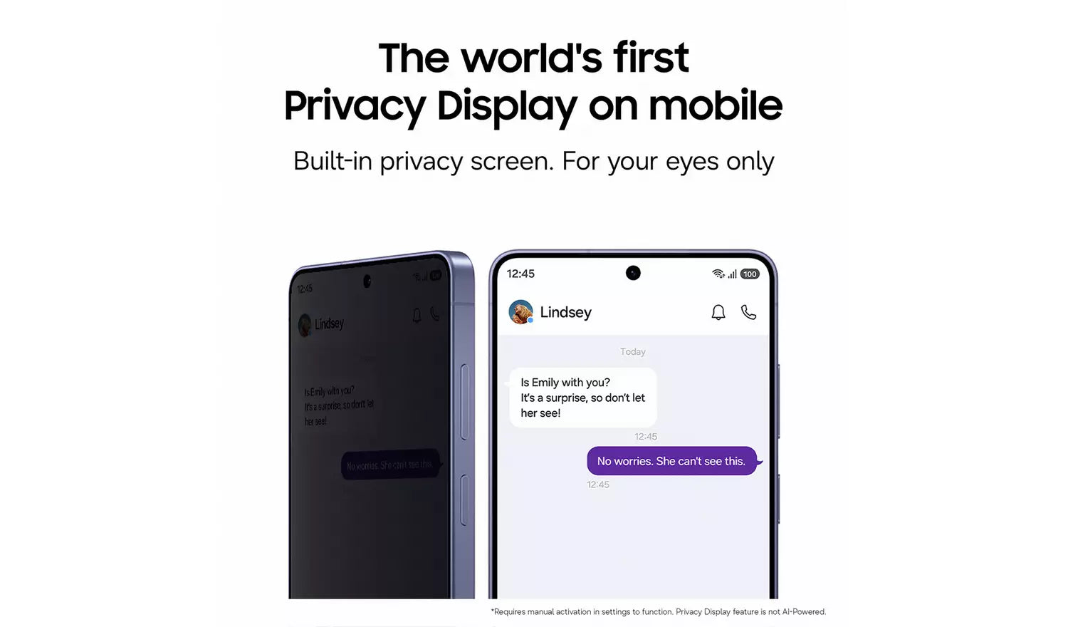 Galaxy S26 Ultra smartphone with privacy display showing a messages screen