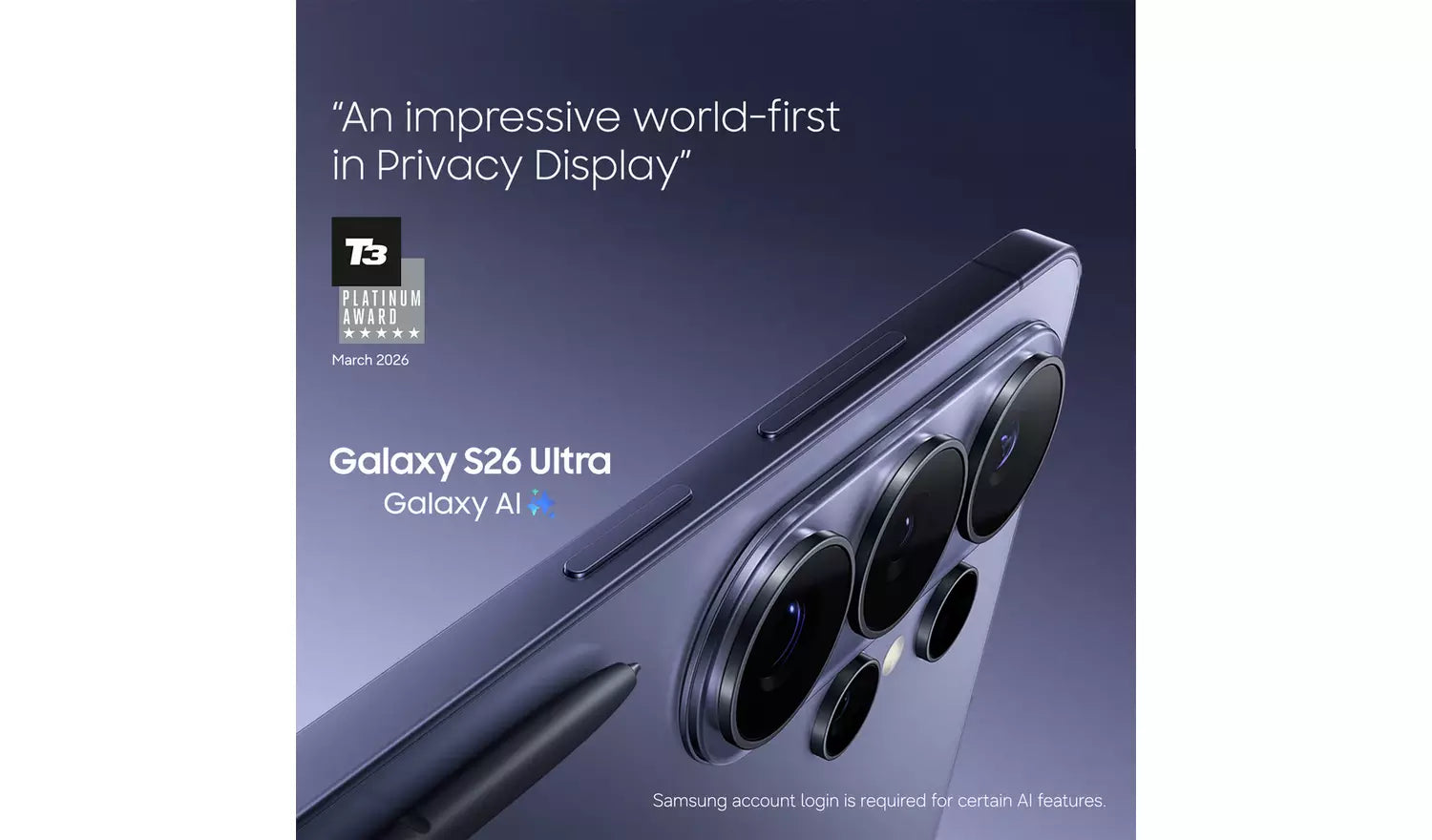 Galaxy S26 Ultra smartphone angled view, showing long rear camera bar
