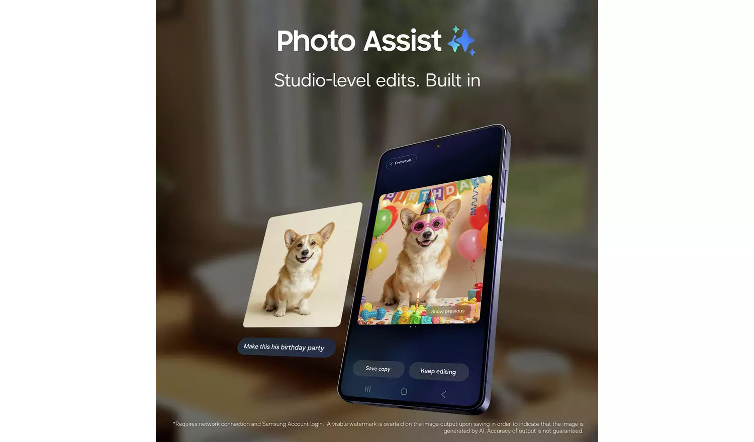 Galaxy S26 Ultra Photo Assist on-screen edits with two dog photos