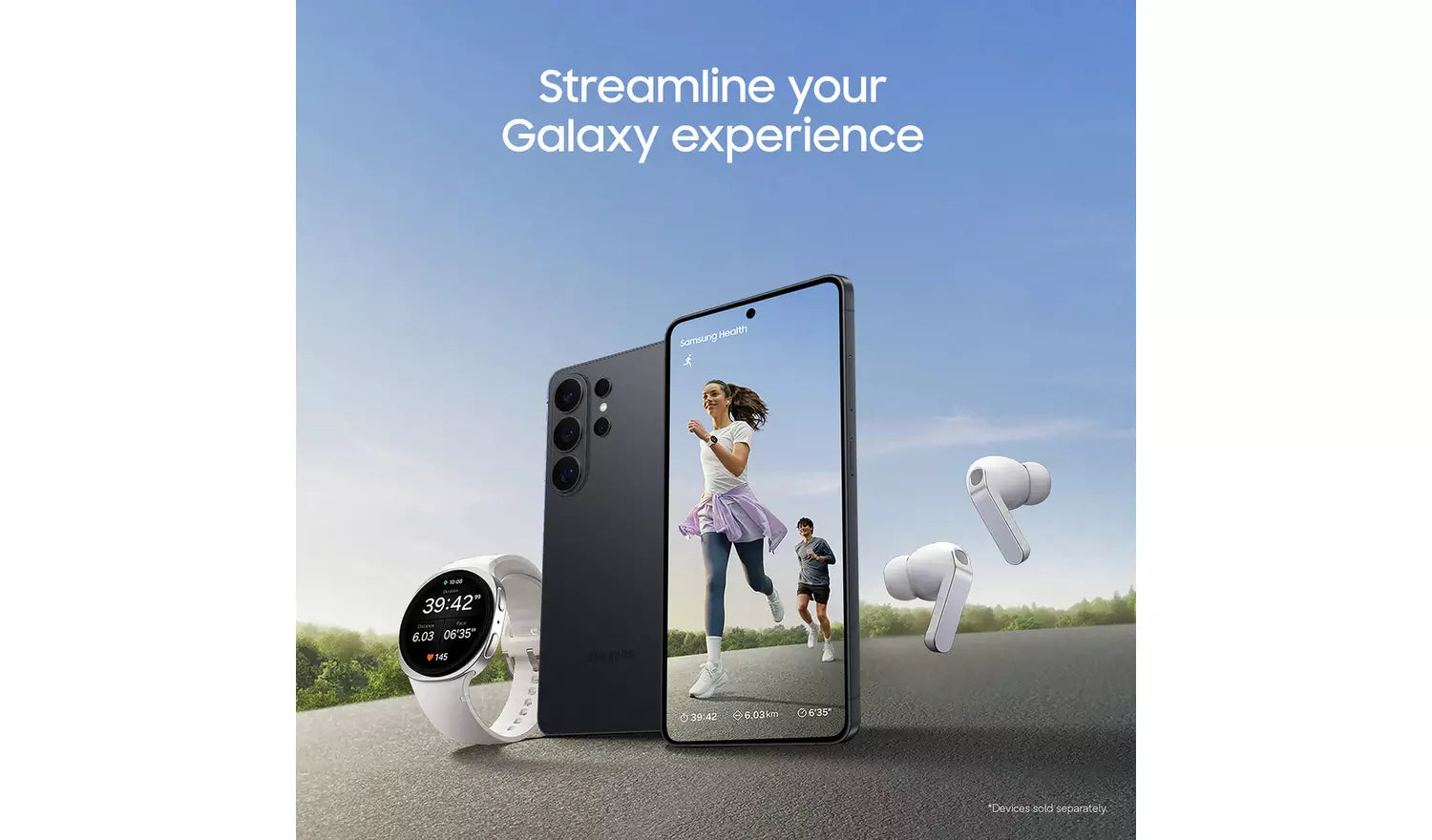Black Galaxy S26 Ultra smartphone with wireless earbuds and smartwatch