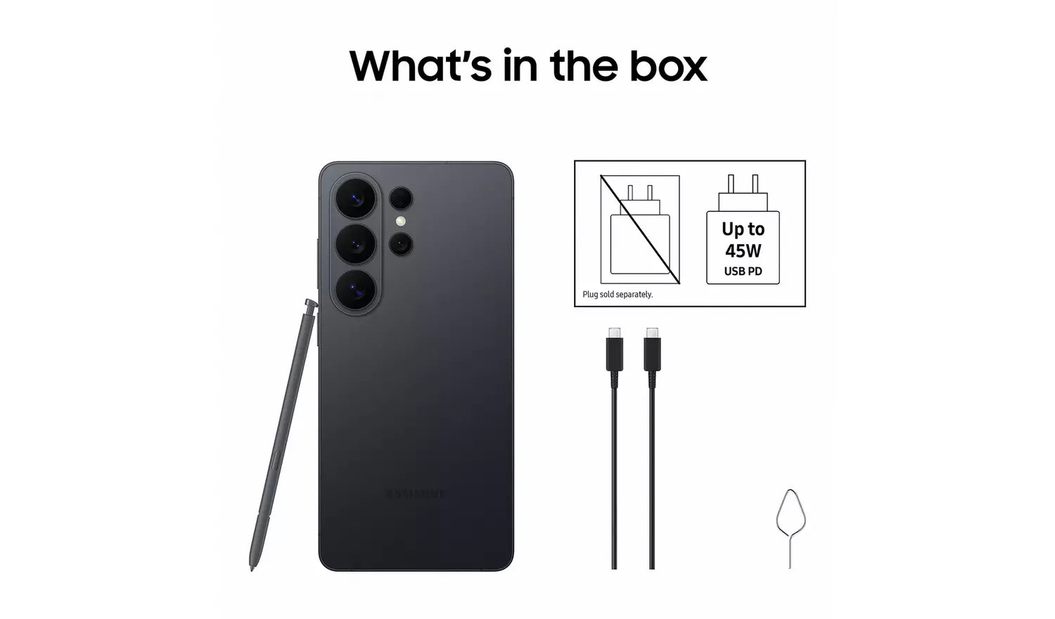 Galaxy S26 Ultra black phone with box contents: cable(s) and charging adapter