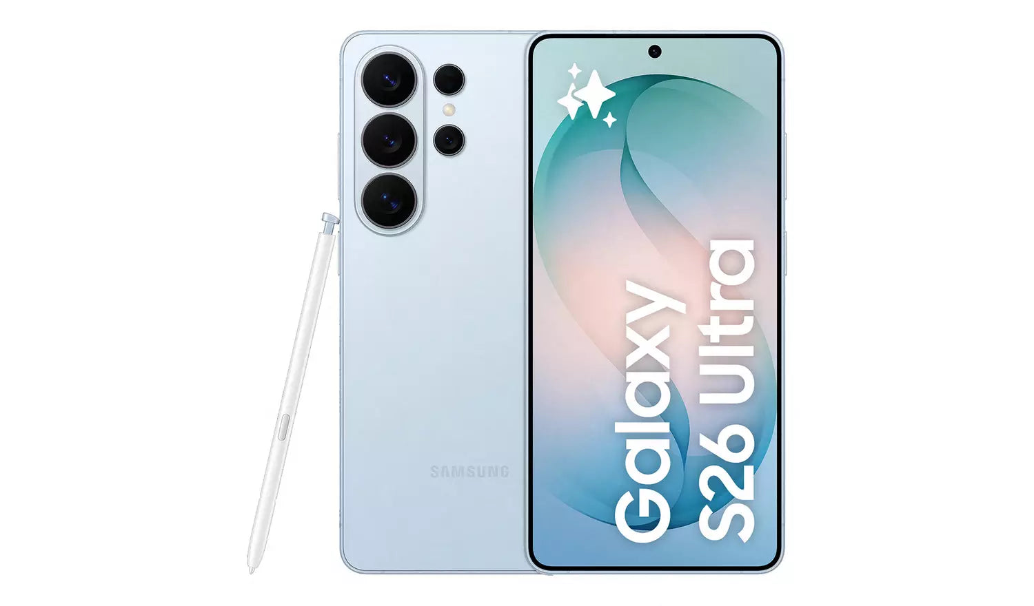 Samsung Galaxy S26 Ultra 5G phone, blue front and back with rear cameras and stylus