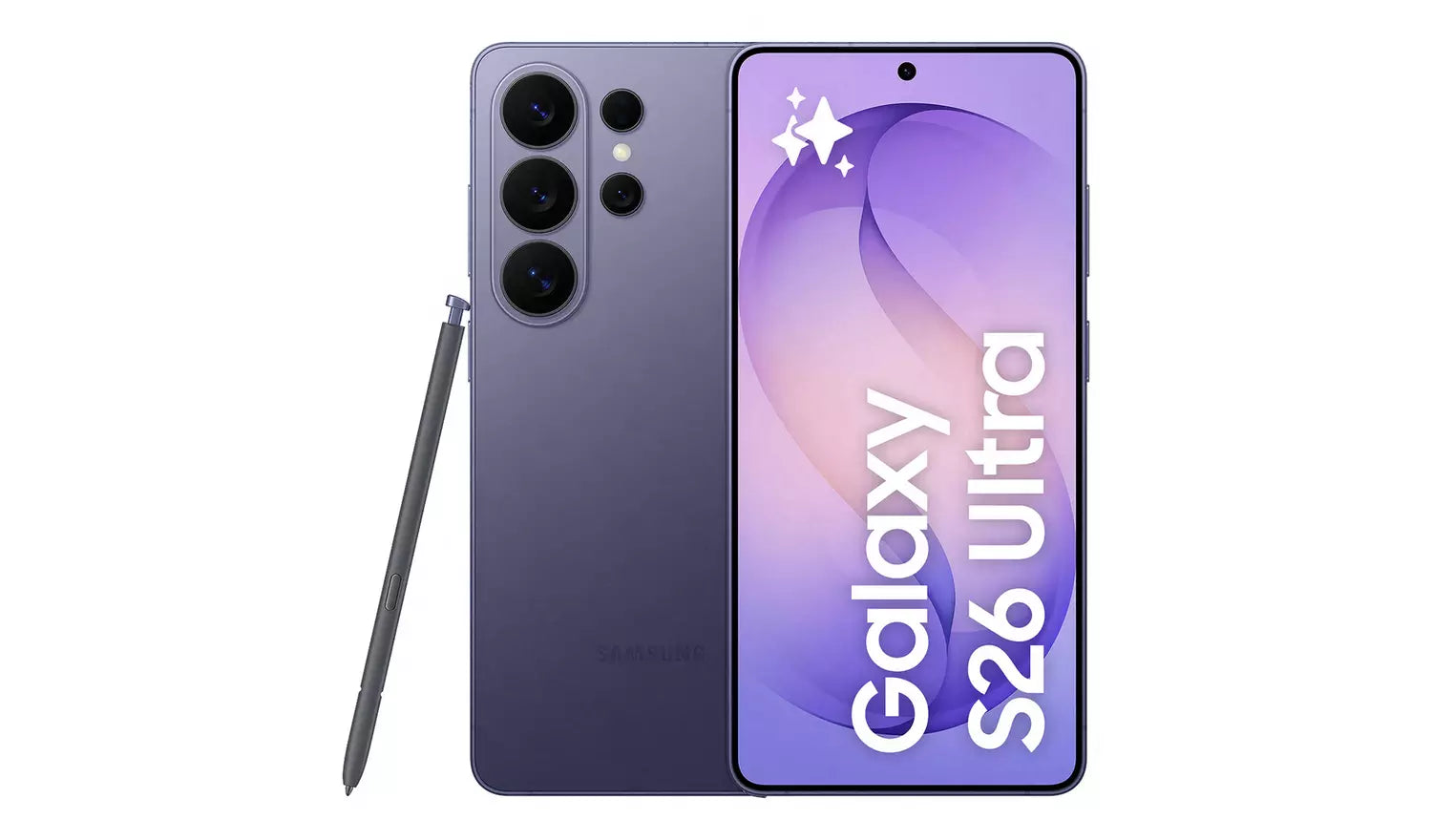 Samsung Galaxy S26 Ultra smartphone in violet, front screen and triple rear cameras