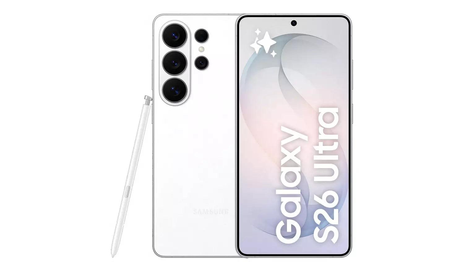 White Samsung Galaxy smartphone with triple rear cameras and front display