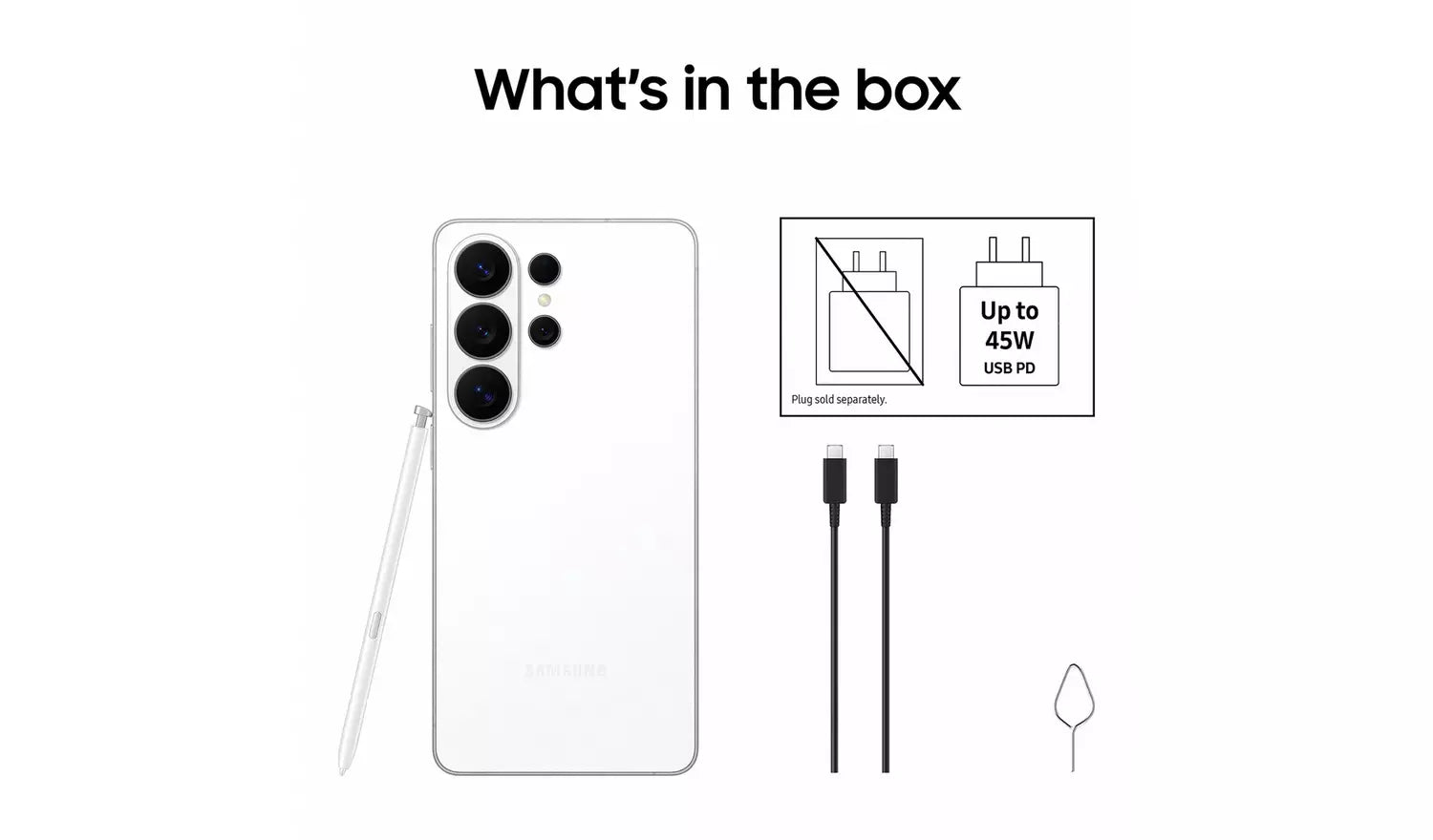 Galaxy S26 Ultra box contents: phone, USB cable, charger, and SIM tool