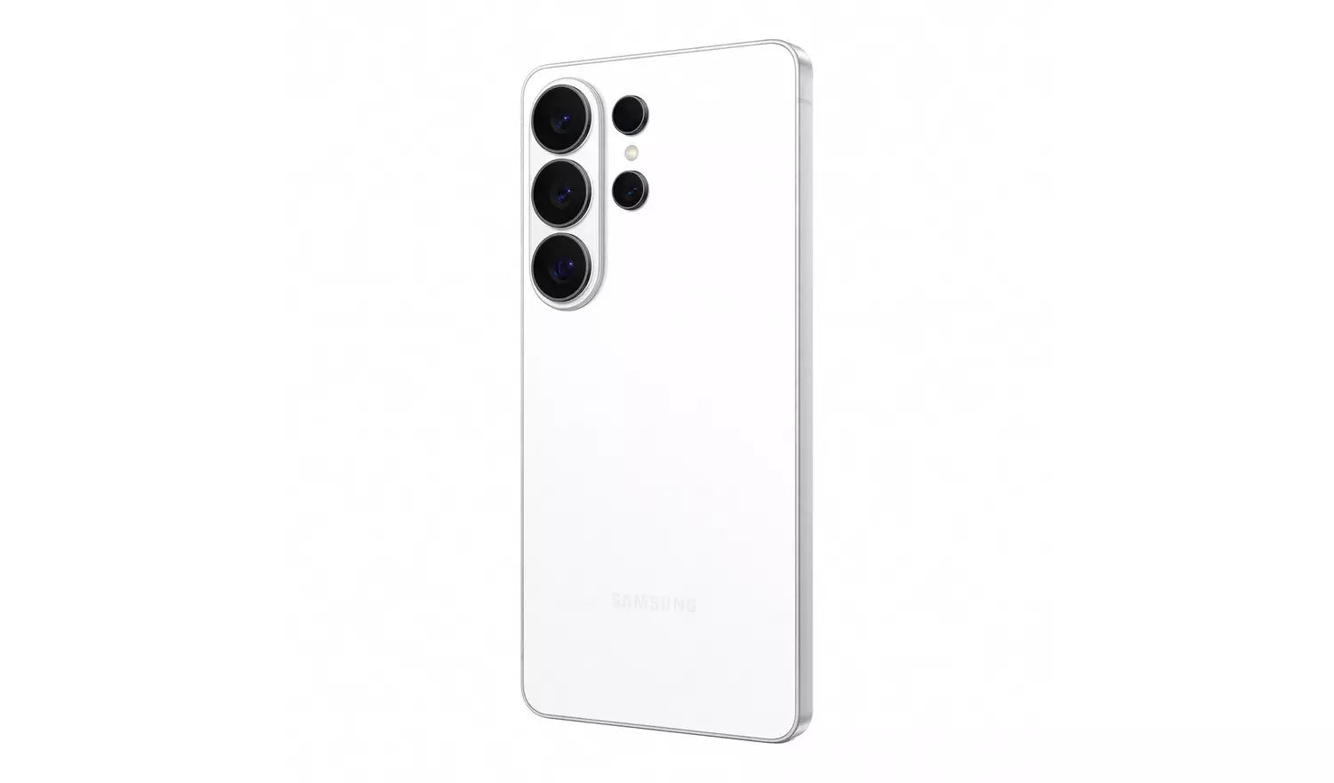 Galaxy S26 Ultra back view with triple camera and flash, matte light finish
