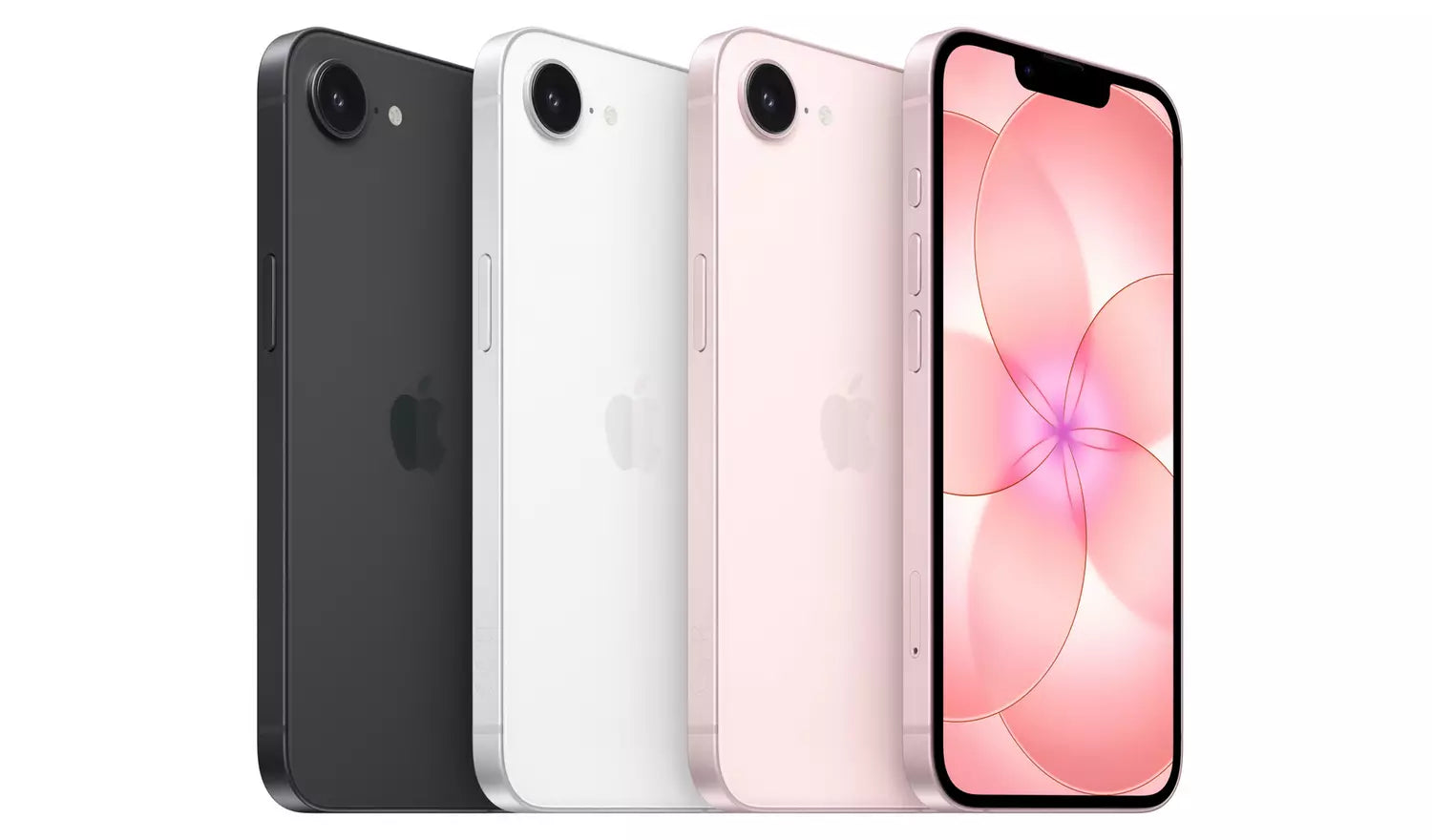 iPhone 17e 5G in Schwarz, Weiß und Soft Pink, Vorder- und Rückansicht