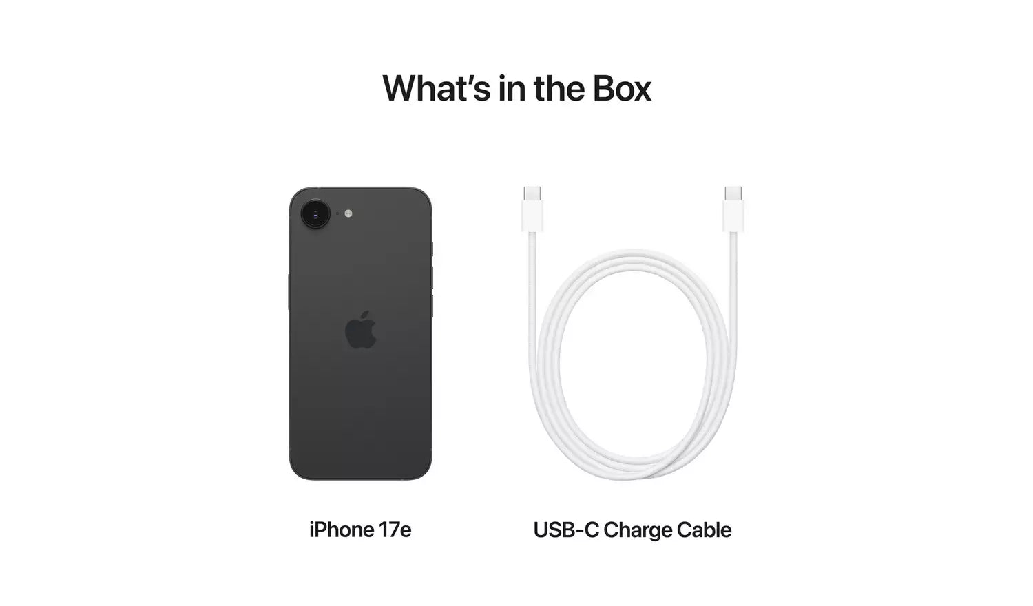iPhone 17e Schwarz und USB‑C‑Ladekabel im Lieferumfang