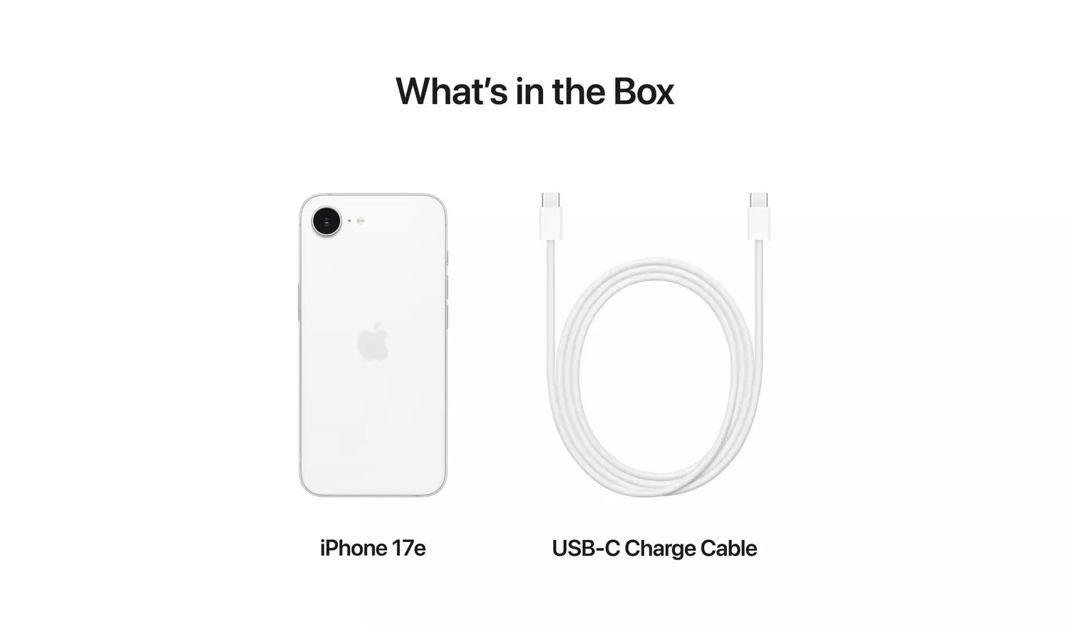 iPhone 17e and USB-C charge cable in the box, phone back shown